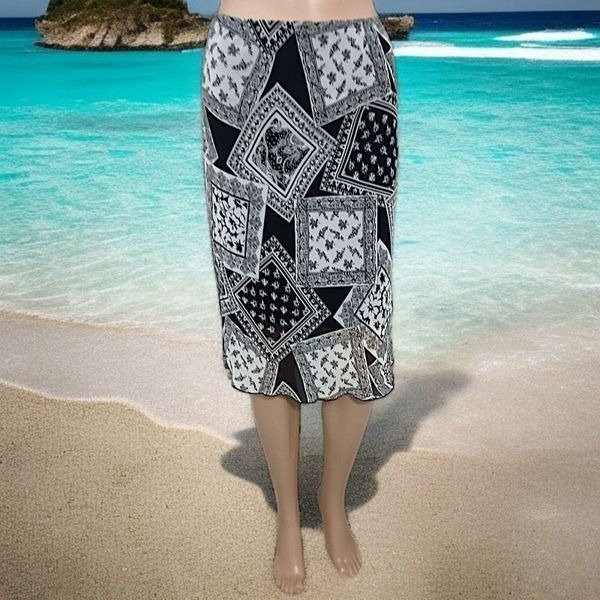 Vtg 90s Patchwork Print Midi Skirt S Lettuce Hem Sheer Overlay Bohemian Grunge.
