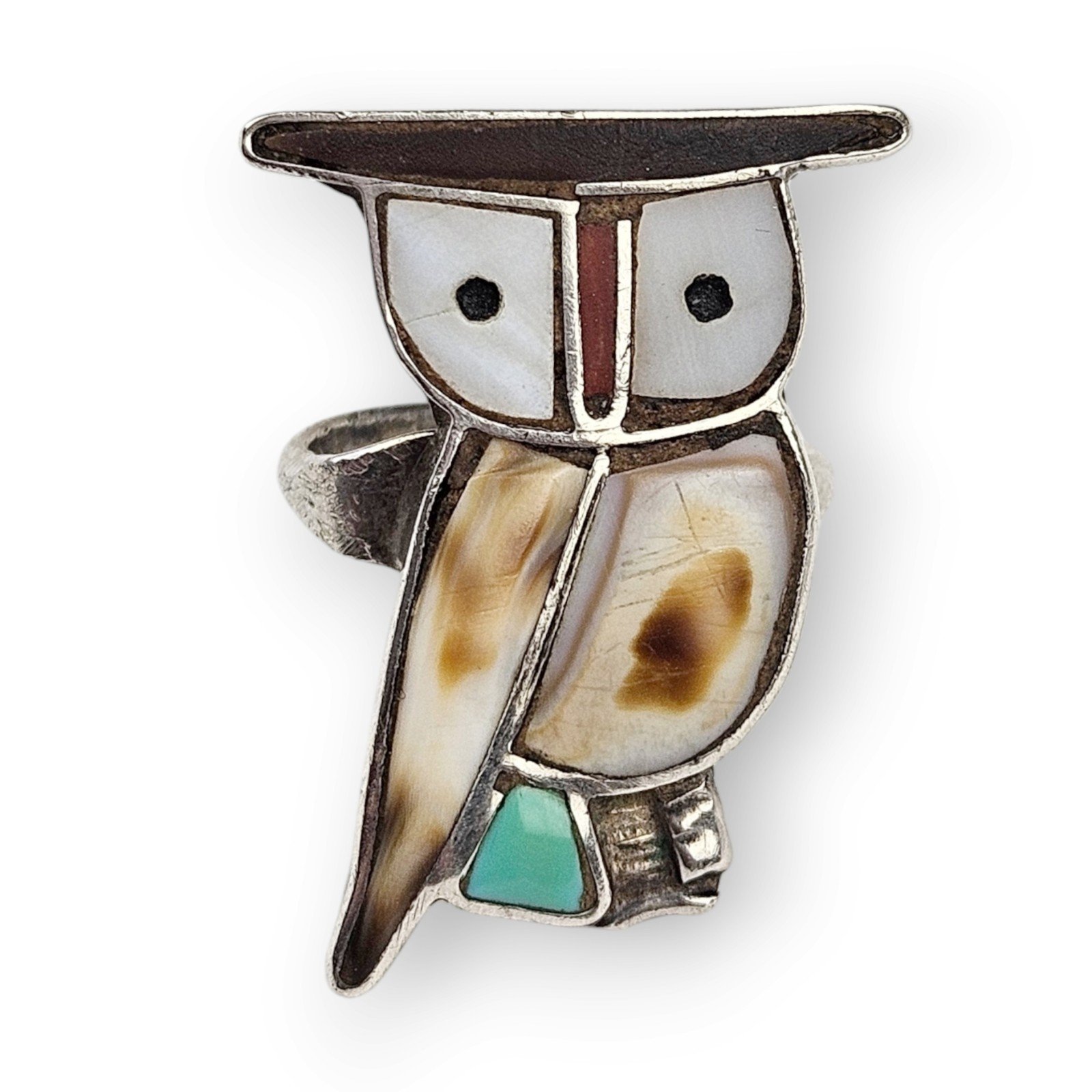 Zuni Owl Sterling Ring Inlaid Shell Native American 925 Silver Vintage 6.5 FLAW