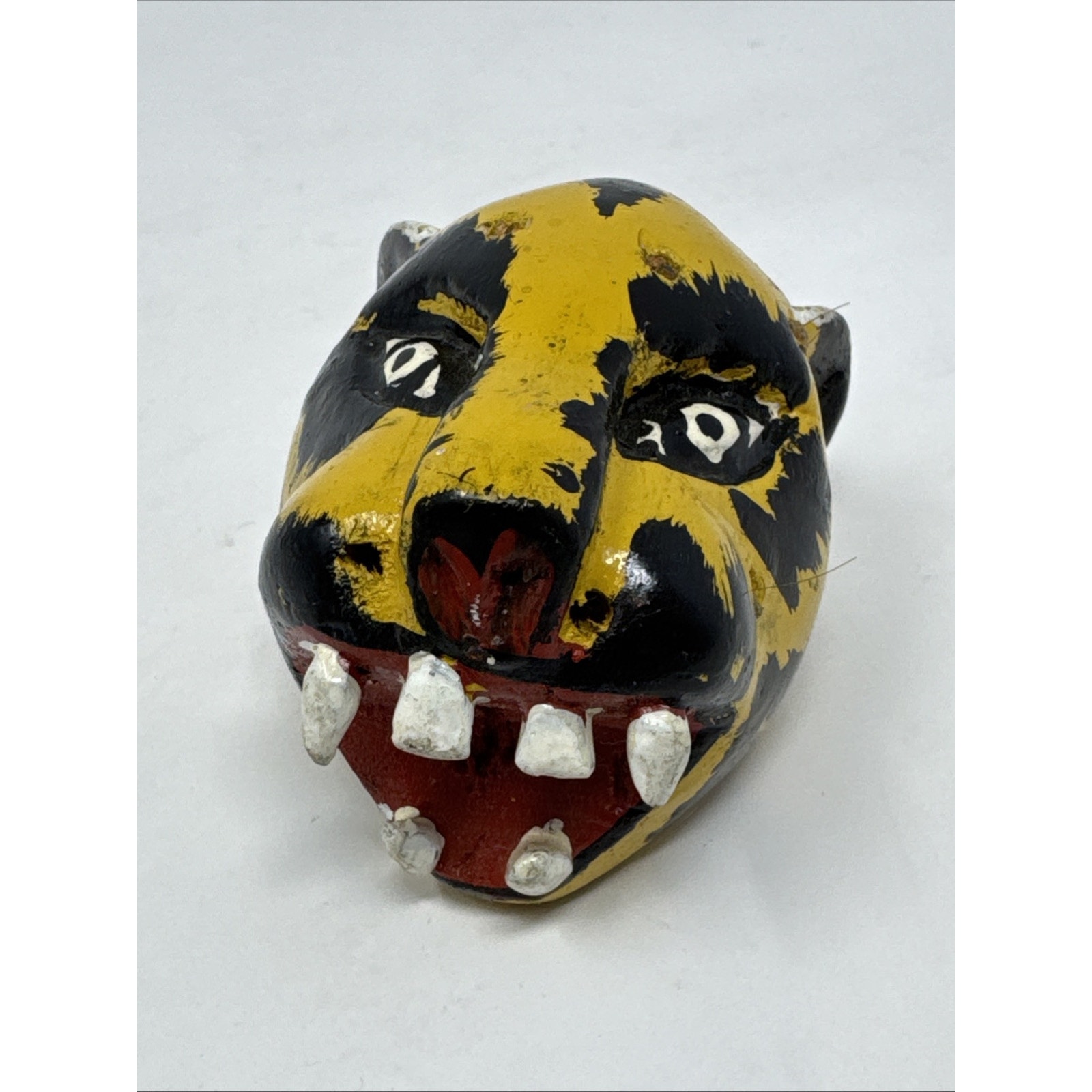 Authentic Rare VTG Hand Carved Mexican Folk Art Wood Mask Jaguar Leopard Head