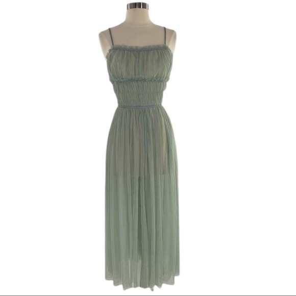 ZARA TRF Teal Green Sleeveless Mesh Corset Style Top Sheer Maxi Dress