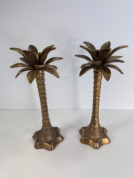 Set of two all brass tall palm tree candle holders 10.75 tall