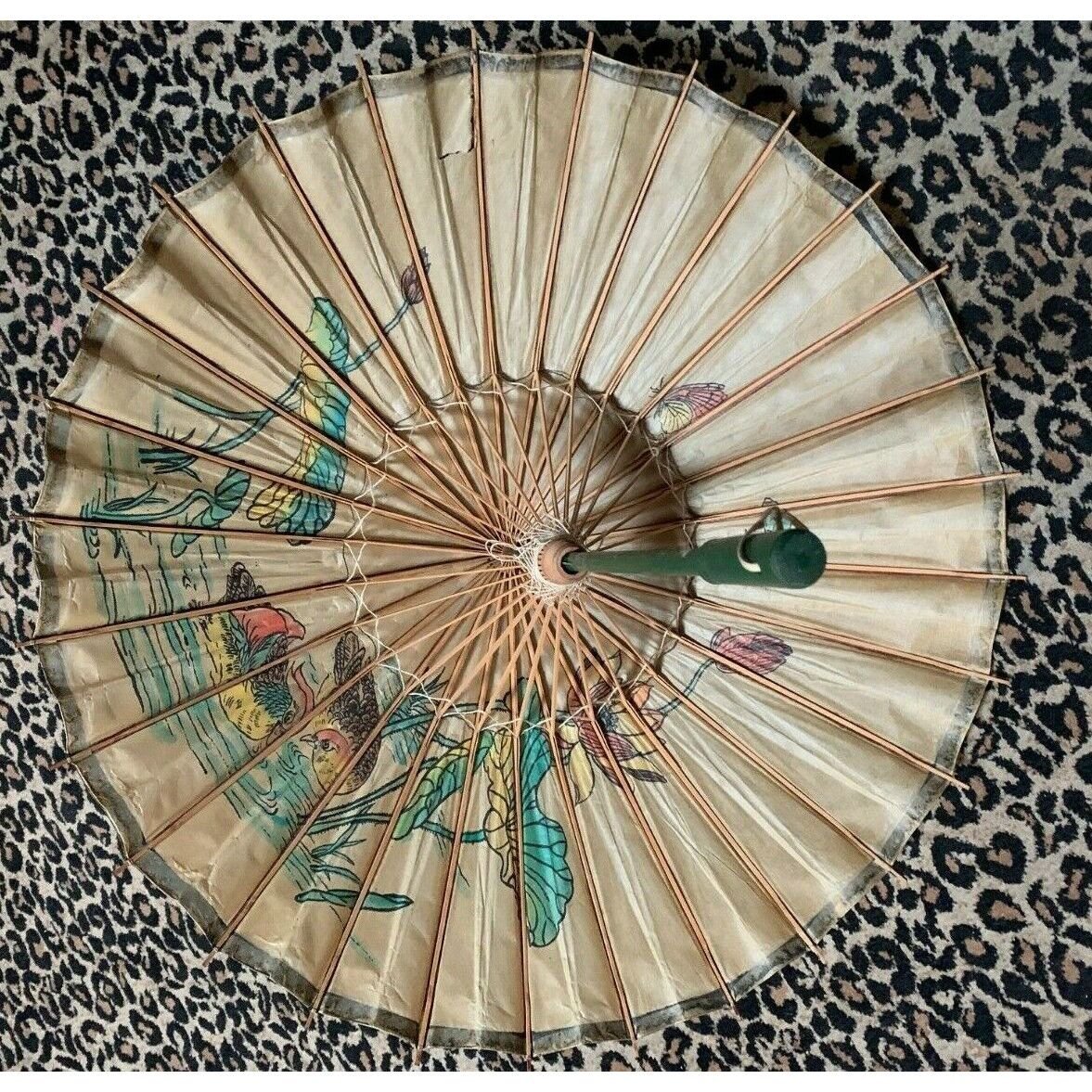 VINTAGE ASIAN PAPER UMBRELLA/ PARASOL WITH FLORAL/ BIRD THEME ACCENT