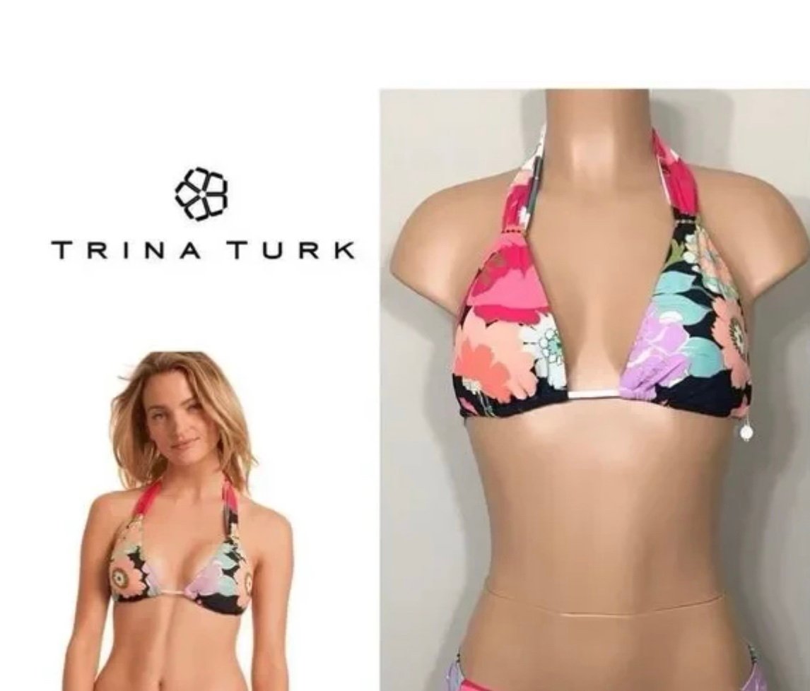 Trina Turk Triangle String Bikini Swim Top Royal botanical tropical Hawaiian 2