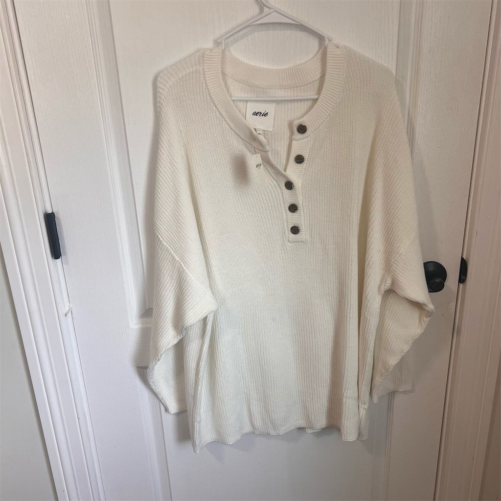 Aerie Women's Size 2XL White Oversized Knit Henley Sweater Long Sleeve NWT