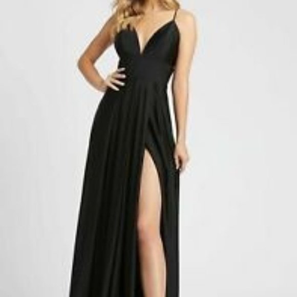 Ieena For Mac Duggal Black Deep V-Neck High Slit Sleeveless Gown