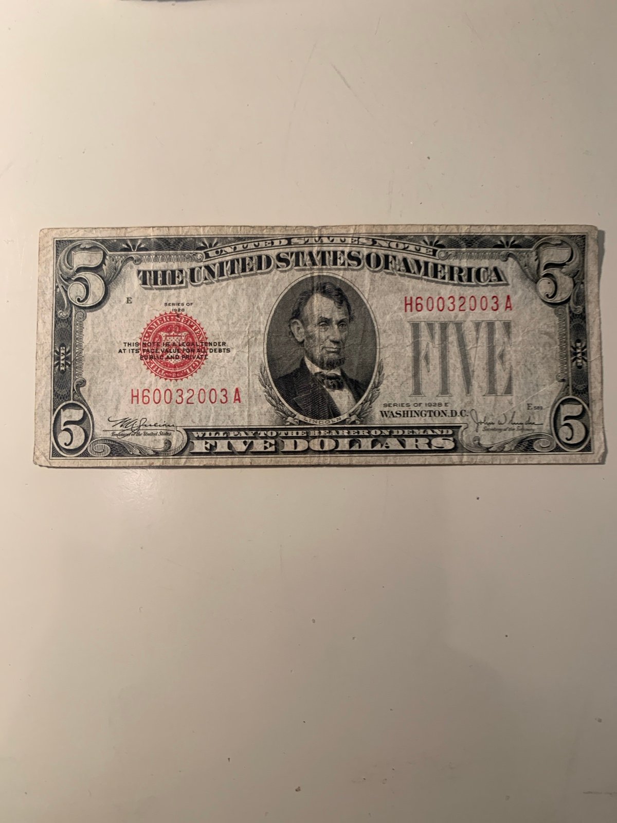 US series of 1928E extremely rare five dollar note