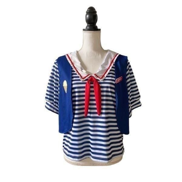Stranger Things Robin Ice Cream Shop Costume Top & Name Tag Unisex Adult Large