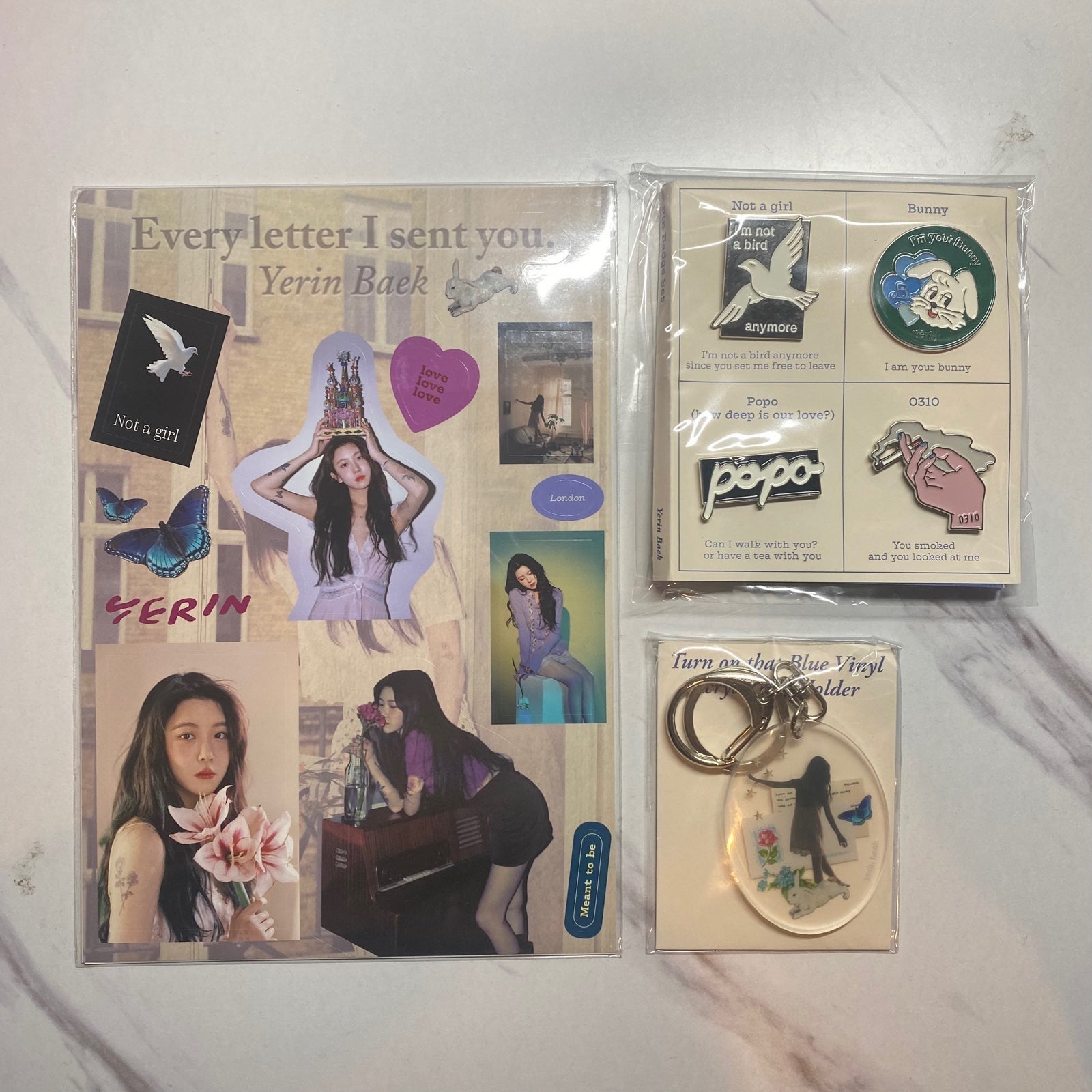 Yerin baek pin badge set, acrylic key holder, & sticker set