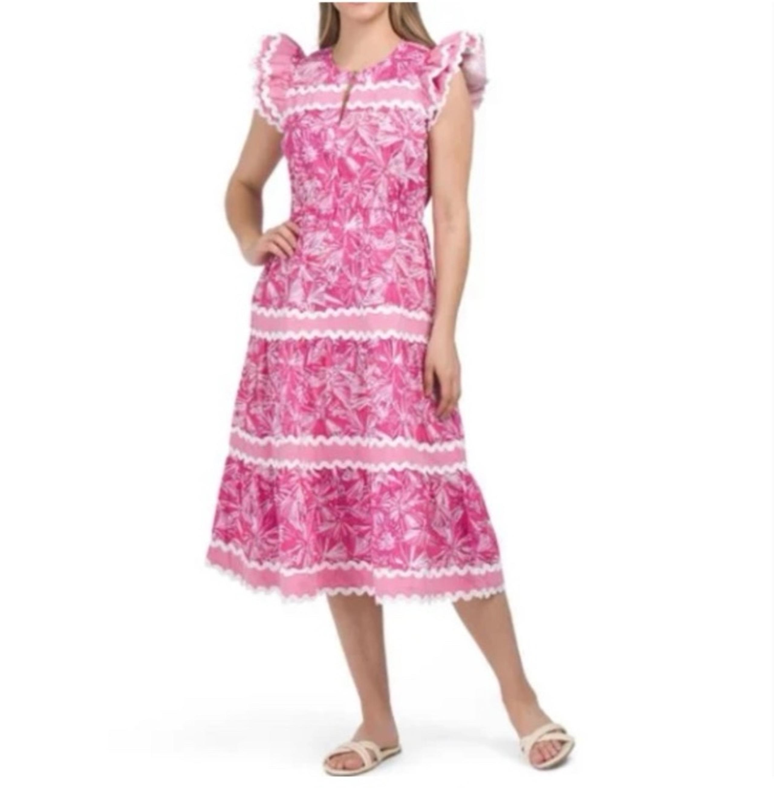 NWT SAIL TO SABLE WOMENS RIC RAC TJX MIDI DRESS SUNBURST PINK RUFFLES SIZE SMALL