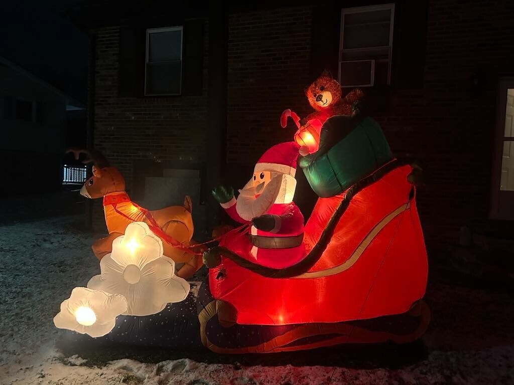 9.5' ANIMATED WAVING SANTA SLEIGH INFLATABLE SANTA & THE REINDEER ROCKS NEW!!