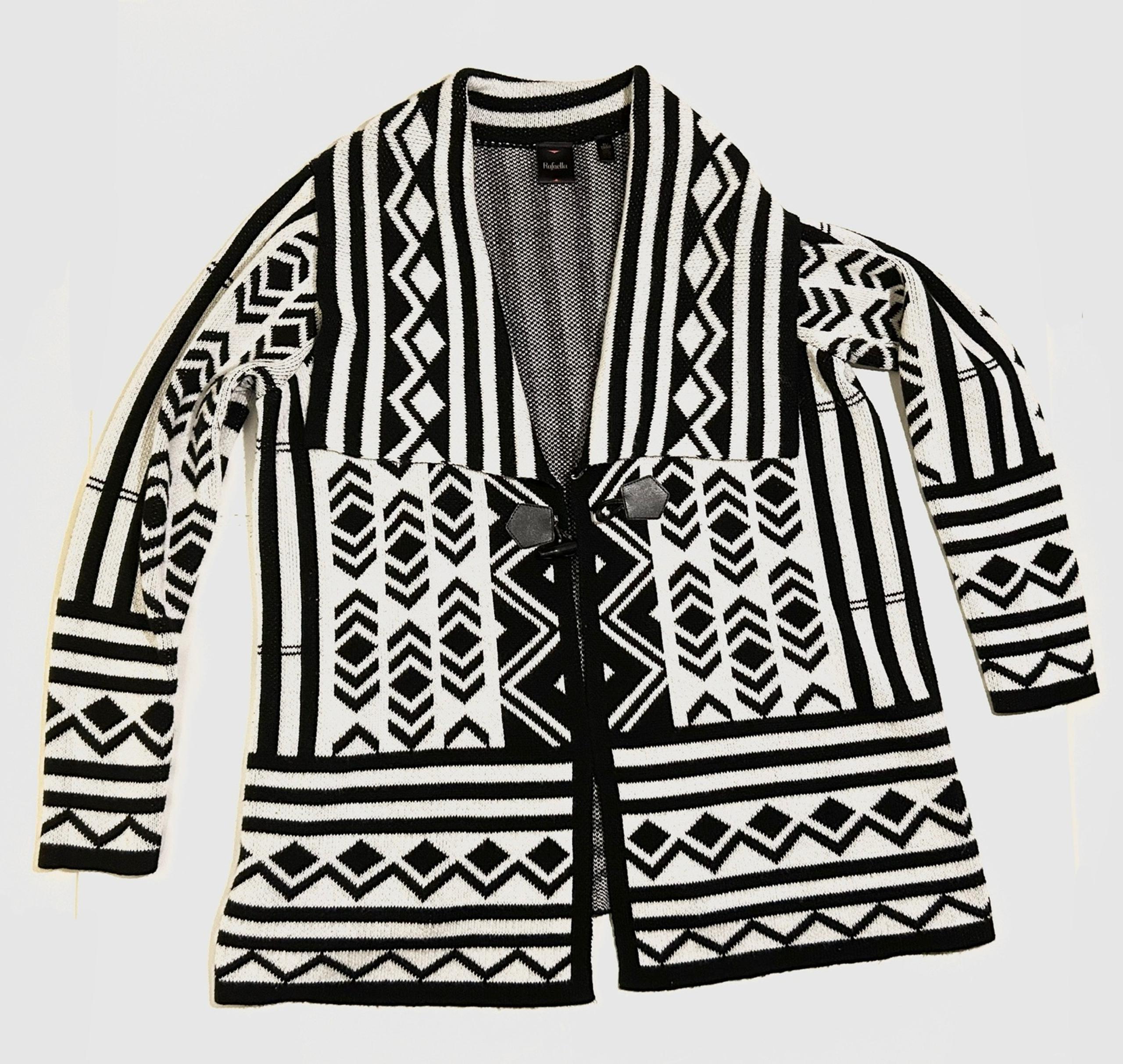 Womens XL Stretch Cardigan Sweater Top Black & White Stripes & Diamonds - Rafaella