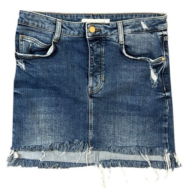 Zara Jean Skirt Trafaluc Denimwear Blue Denim Button Fly Fringe Distress Size M