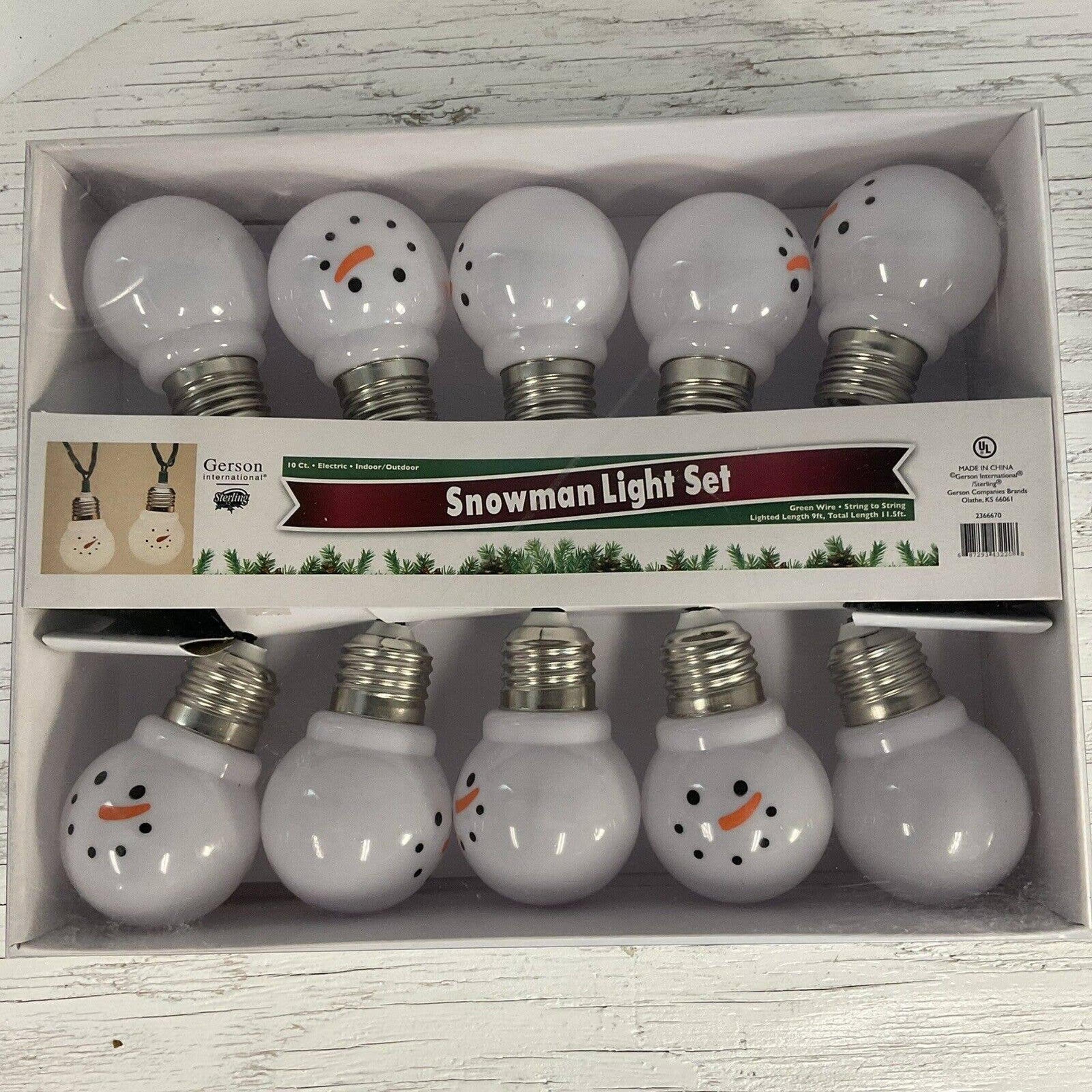 NEW Snowman Light Set 10 Hanging Bulbs Gerson indoor outdoor all connected