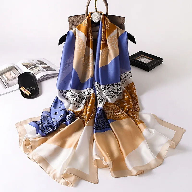 Satin Shawls Autumn Colour Print Bandanna Korean Style Dustproof Silk Scarves Po