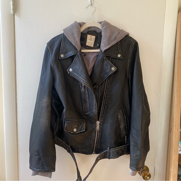 NWT Free People Leather Moto Jacket Hooded Black Gray We The Free