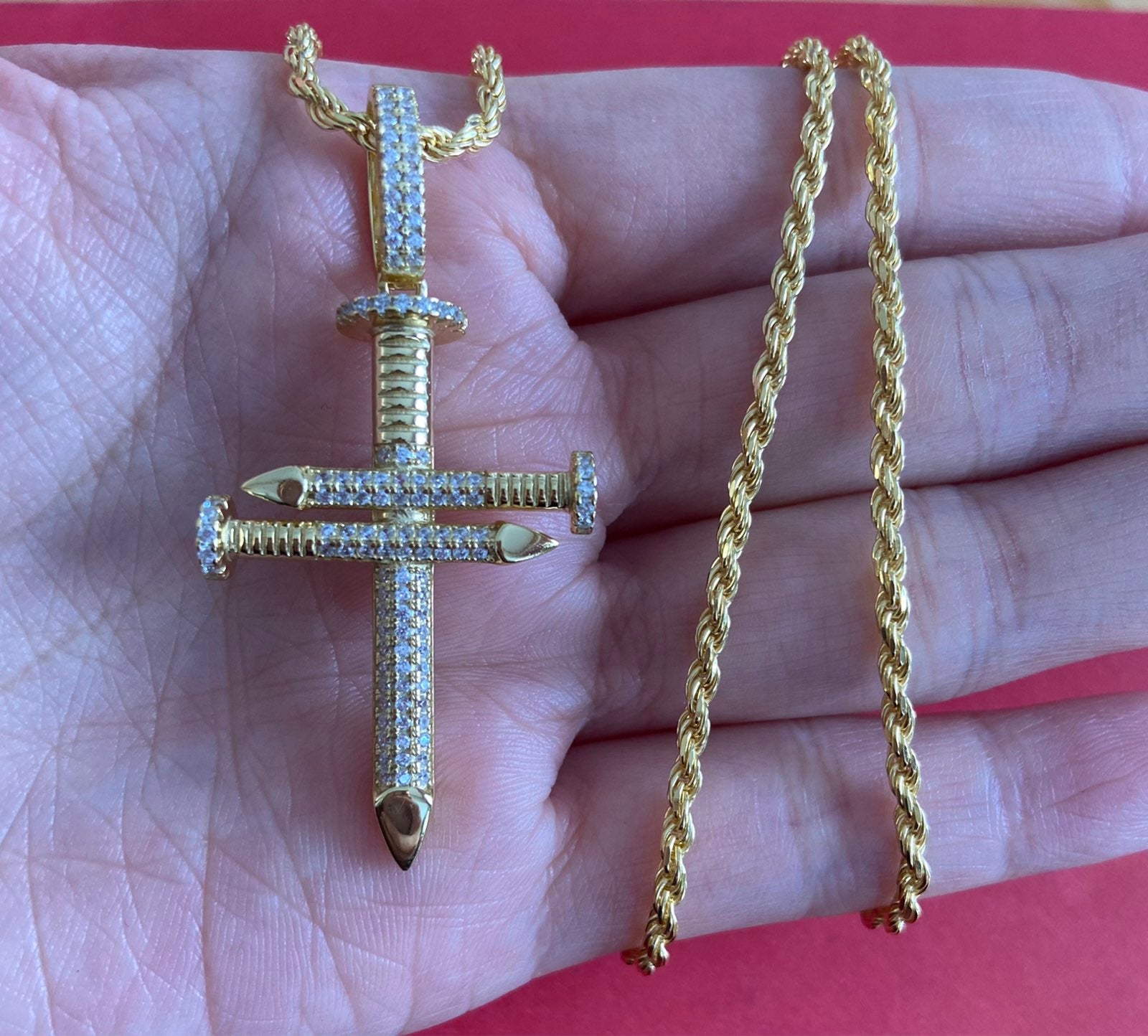 14k Gold /925 diamond nail cross Necklac