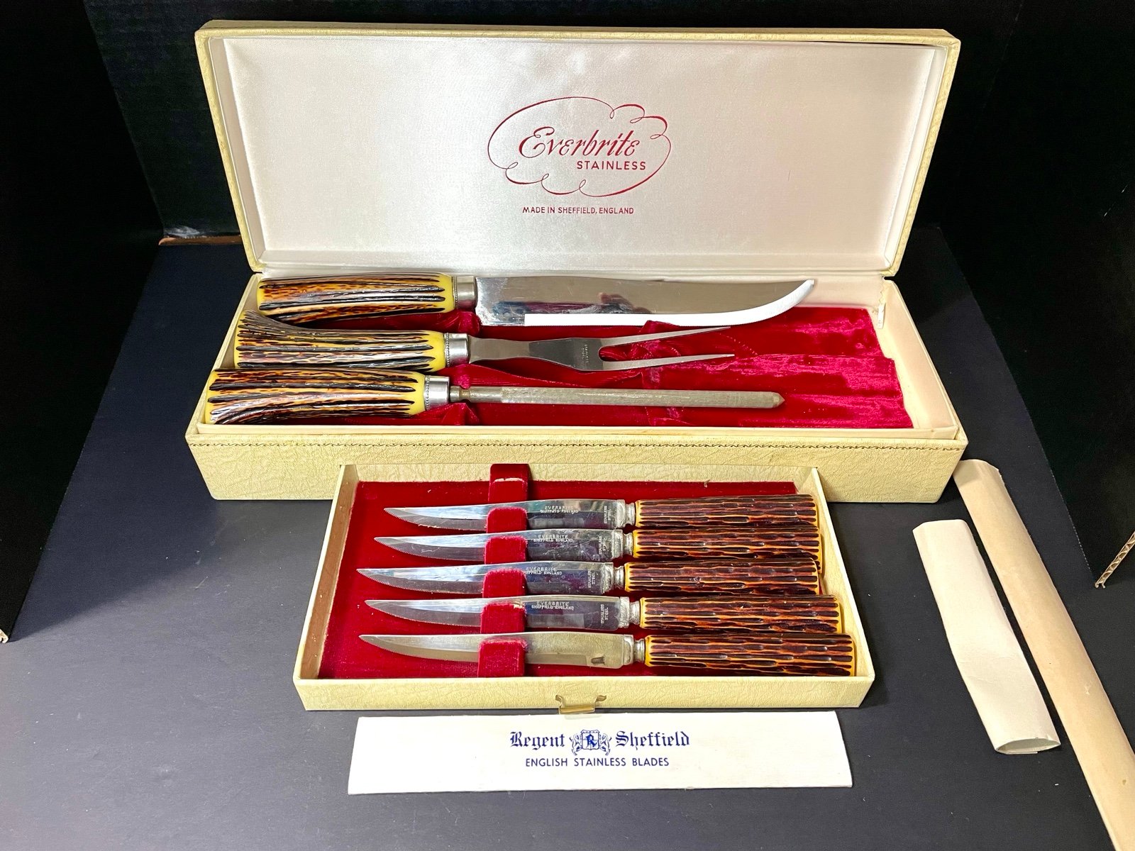 VTG Sheffield Stainless Steel Carving Set w/Case 3709 E. Parker & Sons~8 PIECES