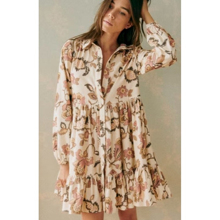 Sezane HIMELDA DRESS mini Merveille Print long sleeve brown pink SZ36 US4 bust36