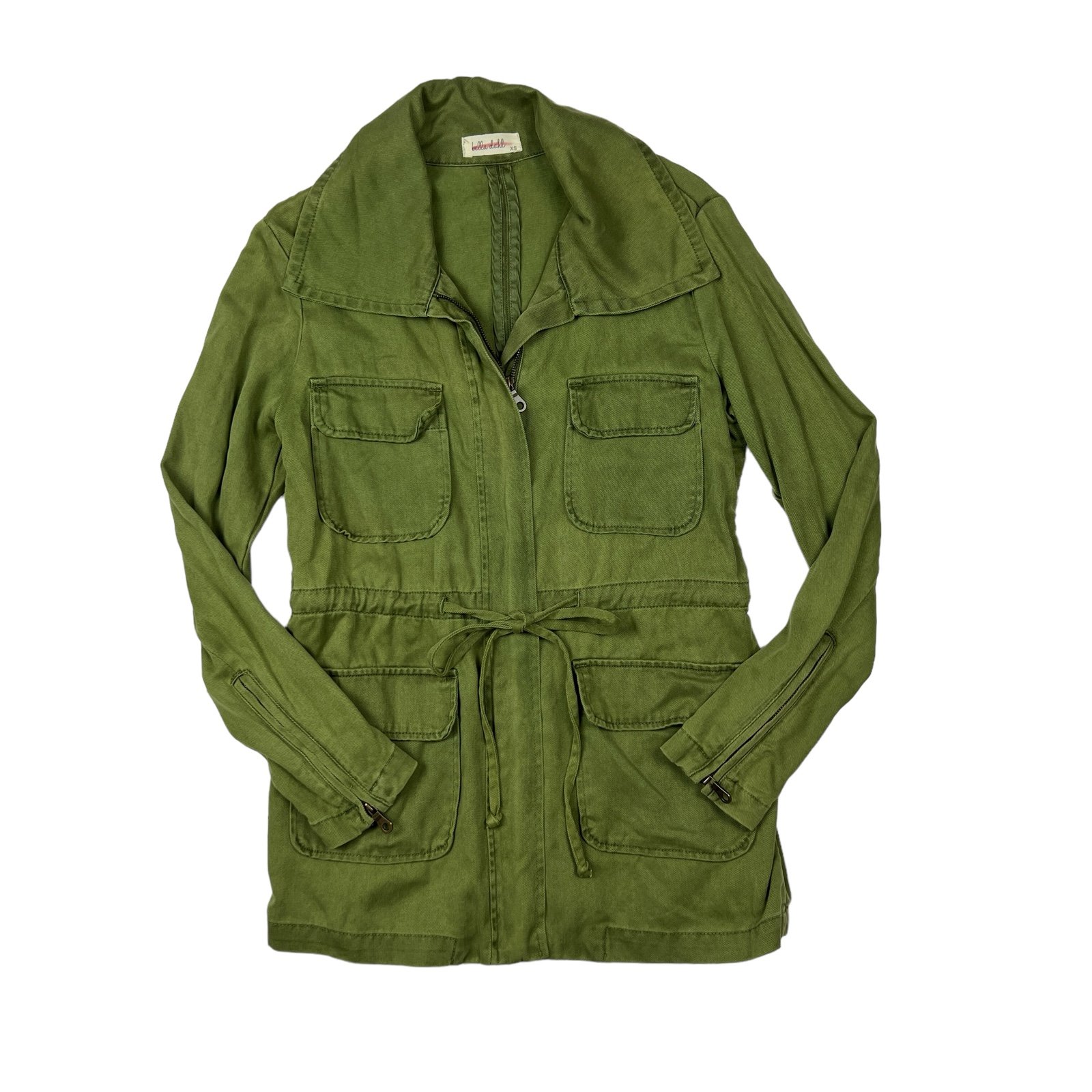 Bella Dahl Green Tencel Tie Waist Zip Up Army Military Jacket