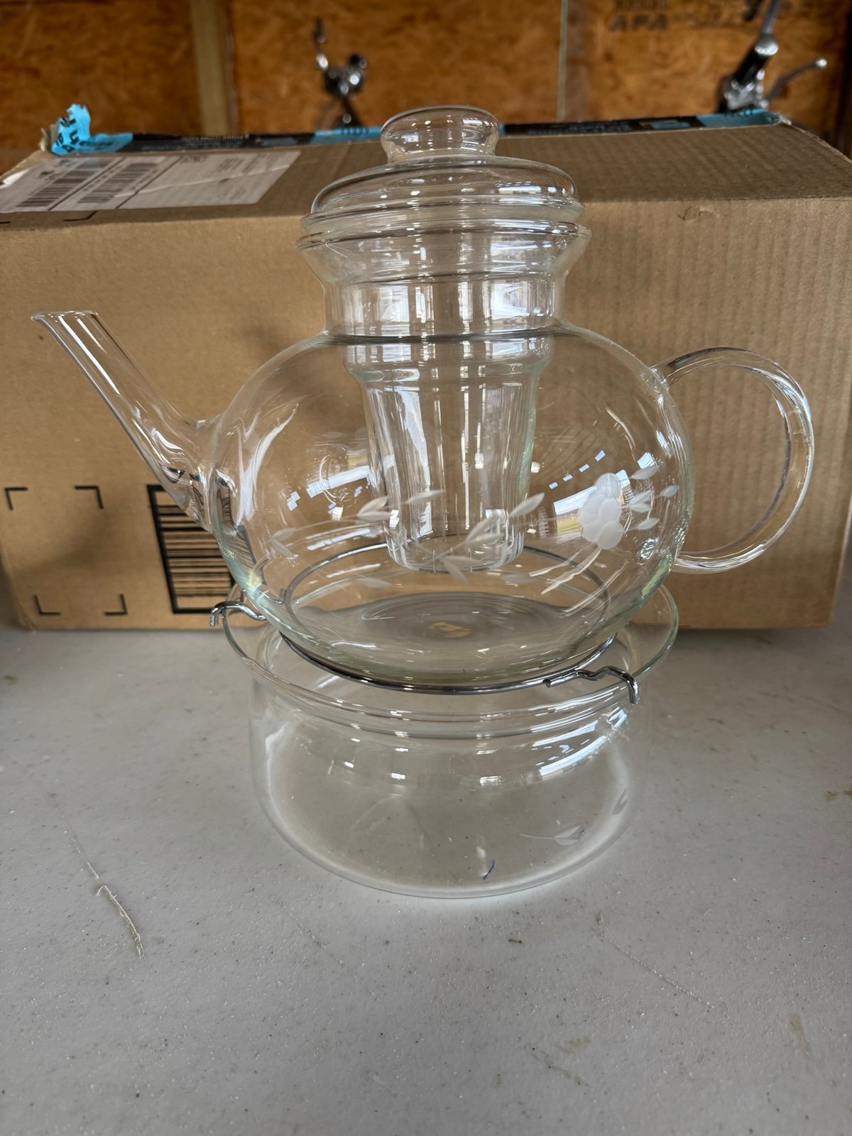 Princess House Heritage Etched Crystal Glass Teapot with Infuser & Warmer