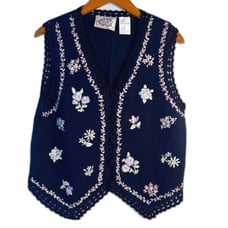 Erika Petites Navy Crochet Knit Sleeveless Sweater Vest Embroidered Floral PL