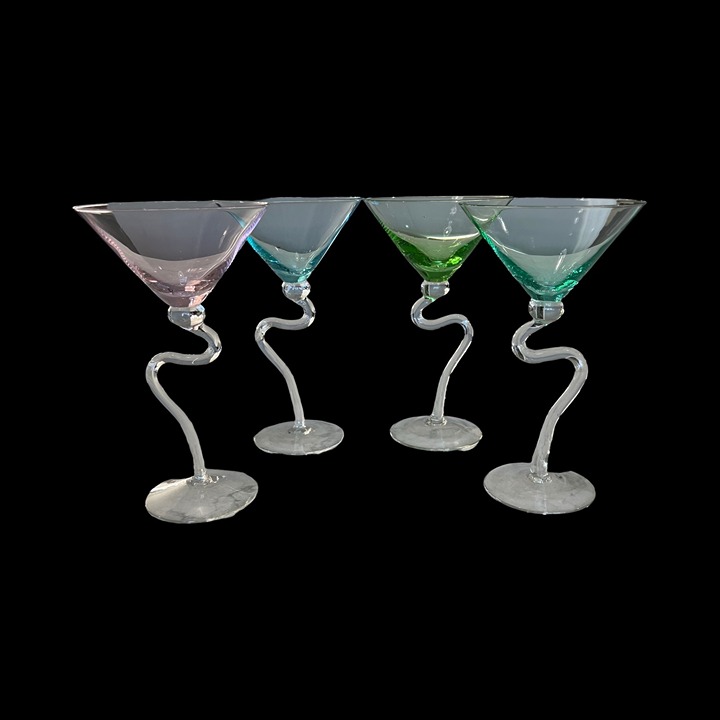 Set of 4 Vintage Twisted Stem Martini Glasses Multicolored 8 OZ 8.25 TALL