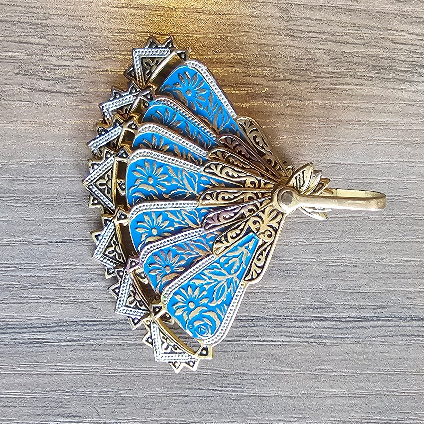 Vintage Spanish Damascene Fan Brooch with Pendant Option