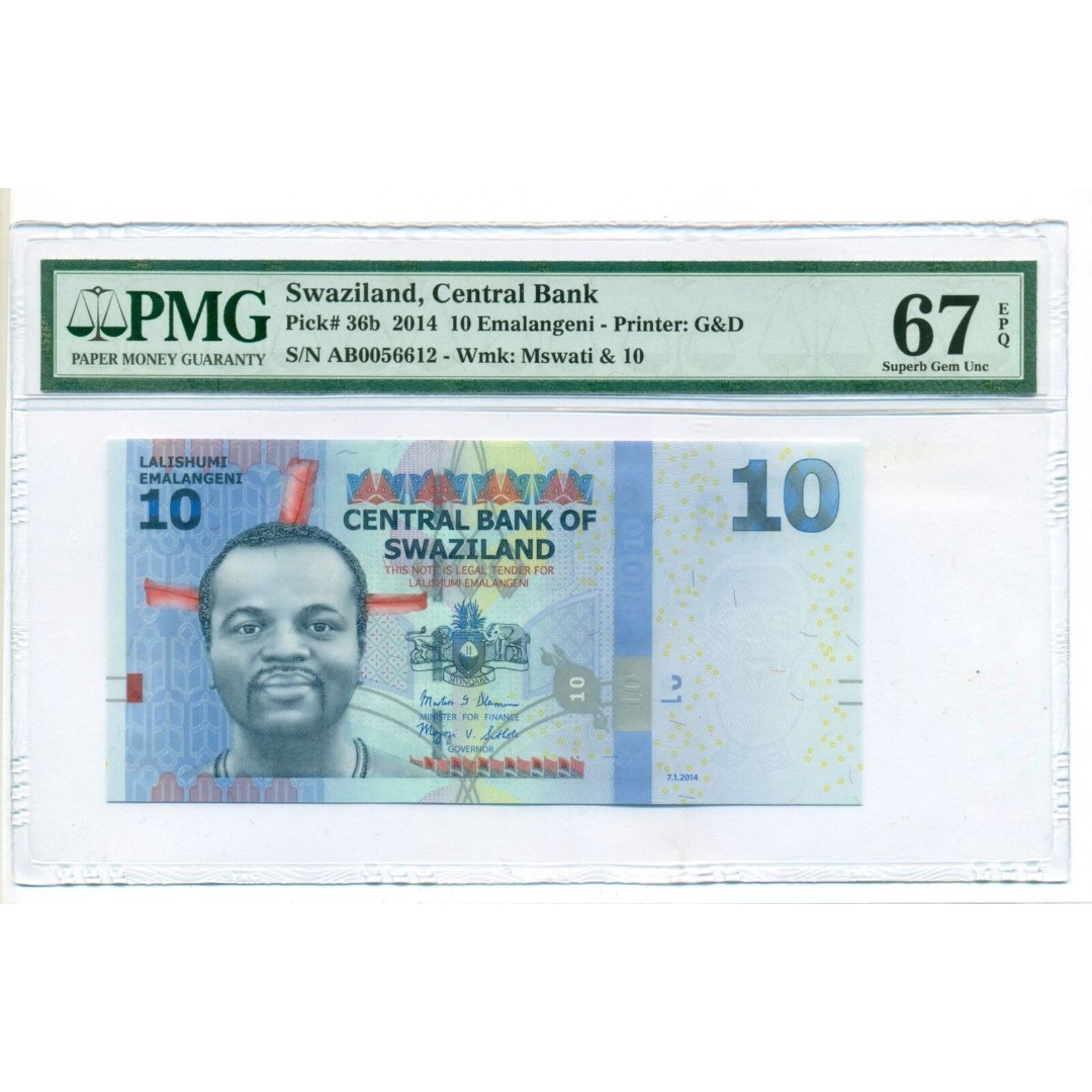 Swaziland 2014 10 Emalangeni Bank Note Superb Gem Unc 67 EPQ PMG