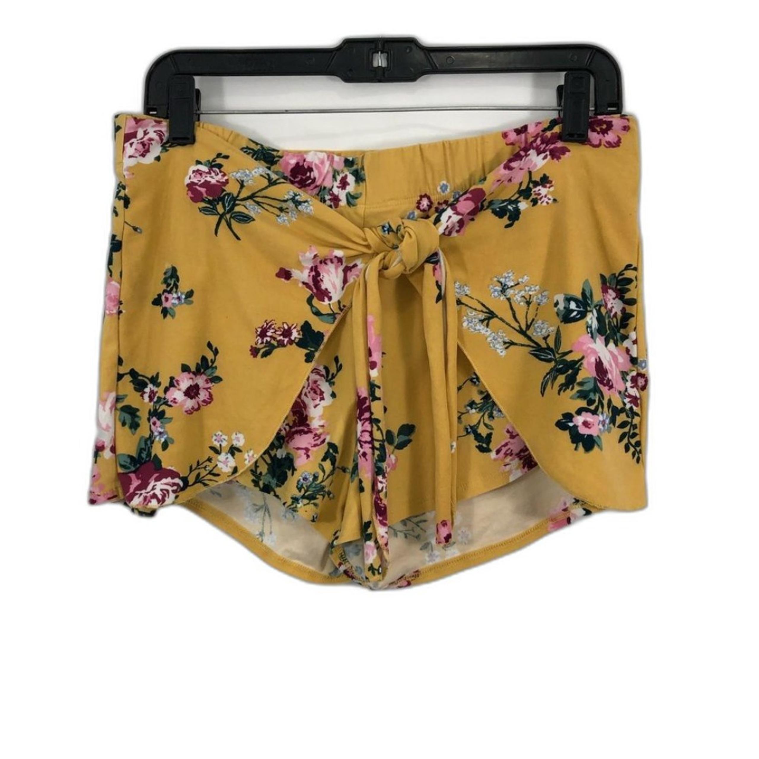 Derek Heart yellow floral knit shorts with tie overlay at front Size Large