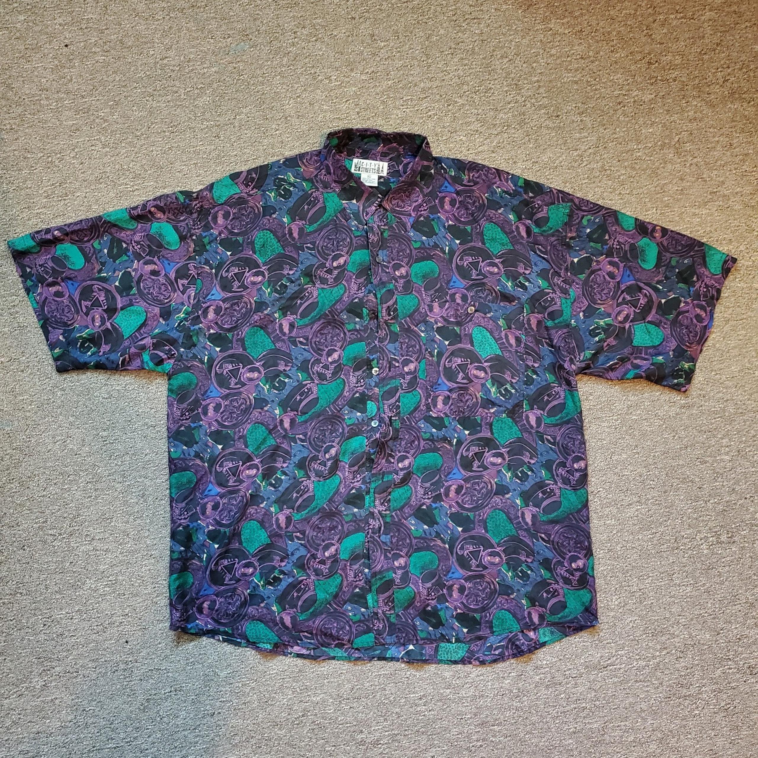 Vintage Purple City Streets Silk Button Down