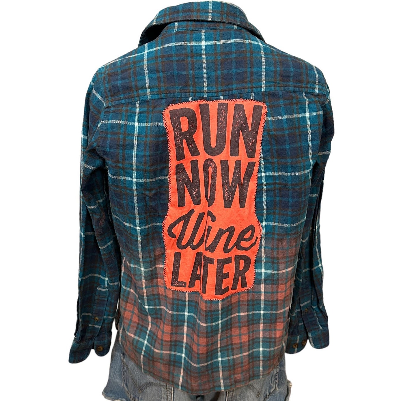 Run Now Wine Later Flannel Plaid Shirt SMALL Shacket Oversize Unique Upcycled