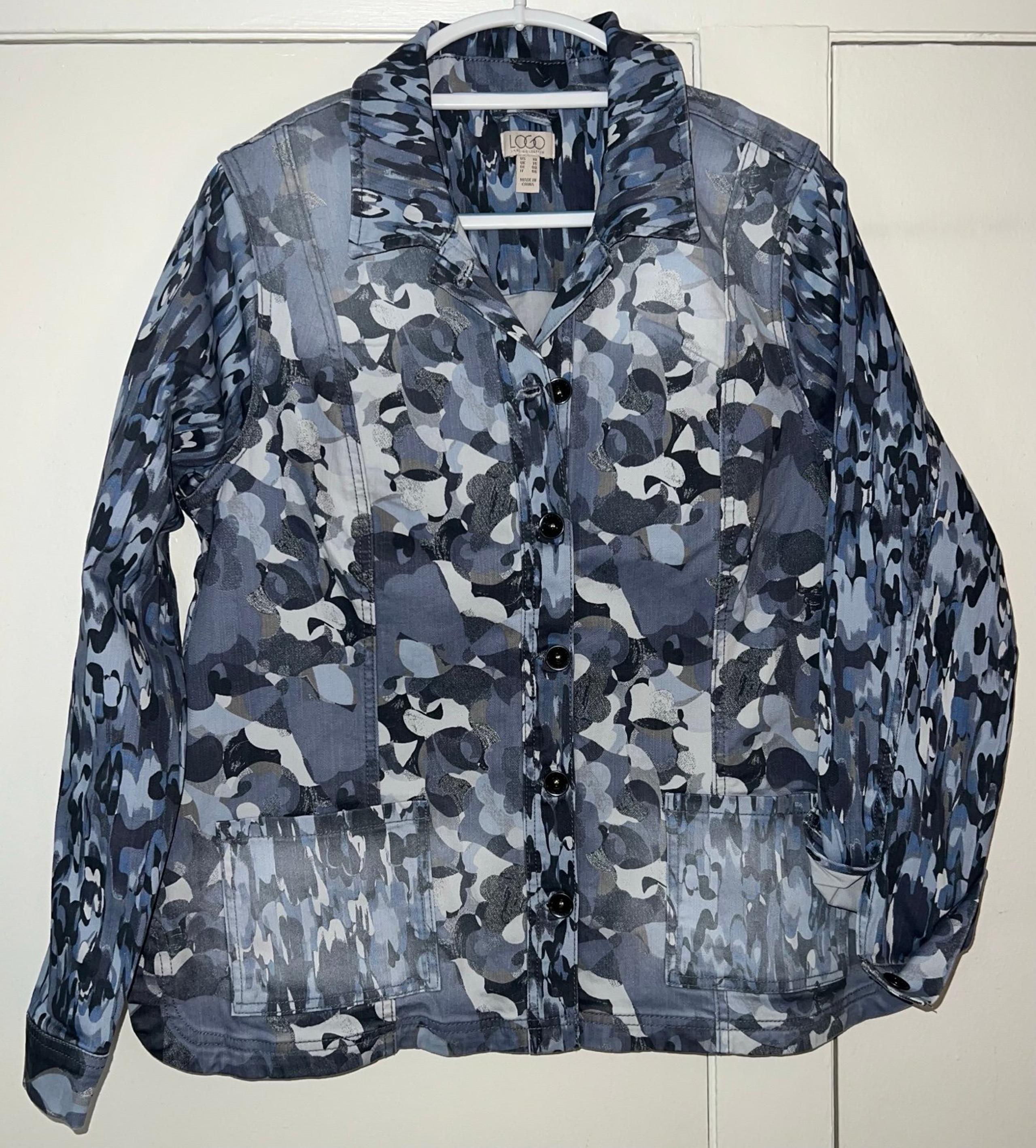 LOGO by Lori Goldstein blue camo print twill utility jean jacket Size 10 A455191