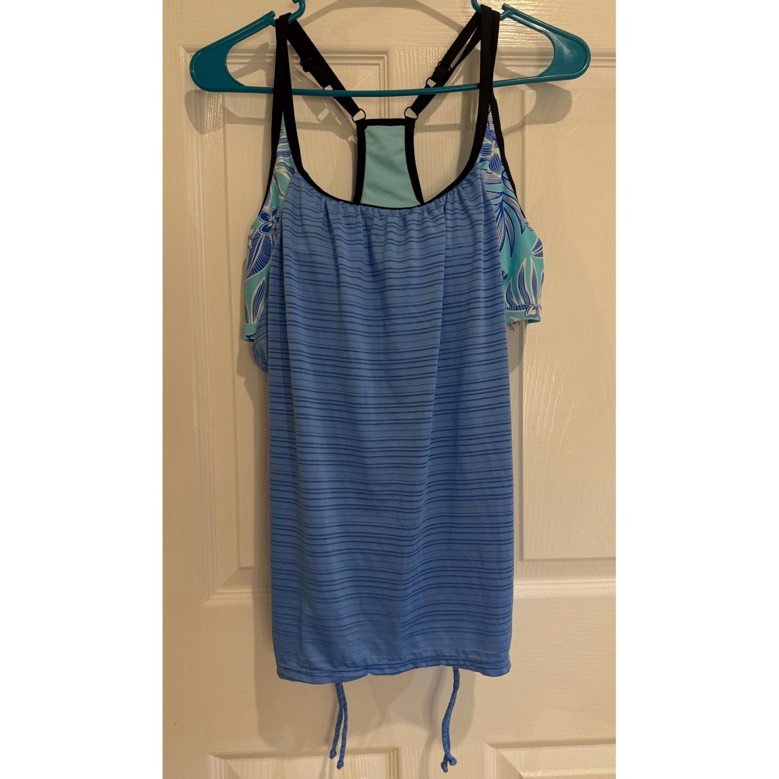 ZeroXposur Swim Tank Top Shelf Bra Floral Blue Striped Swimwear Medium