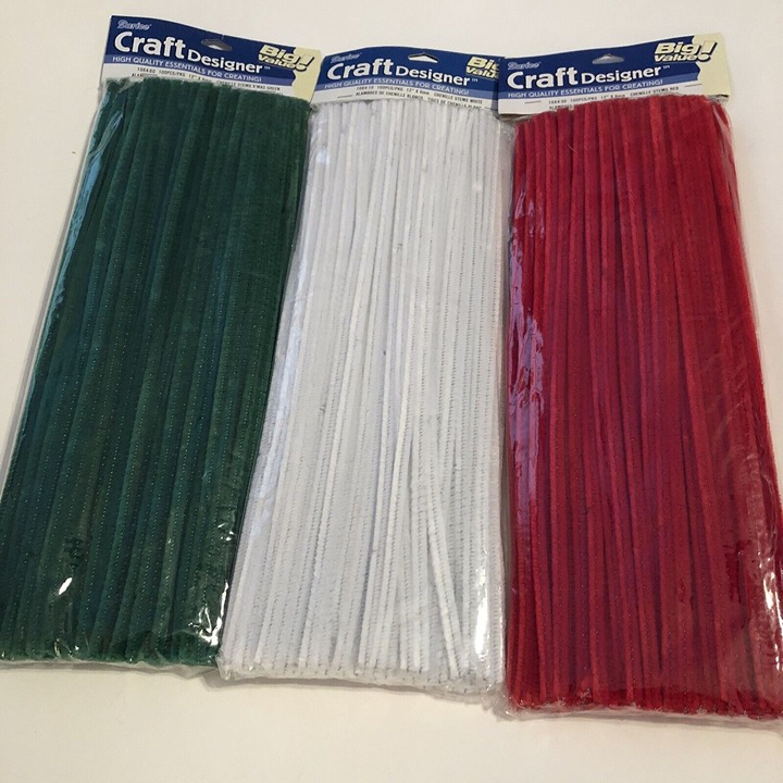 3 Packs DARICE CHENILLE STEMS Pipe Cleaners Green, Red & White 12 X 6MM 300PC