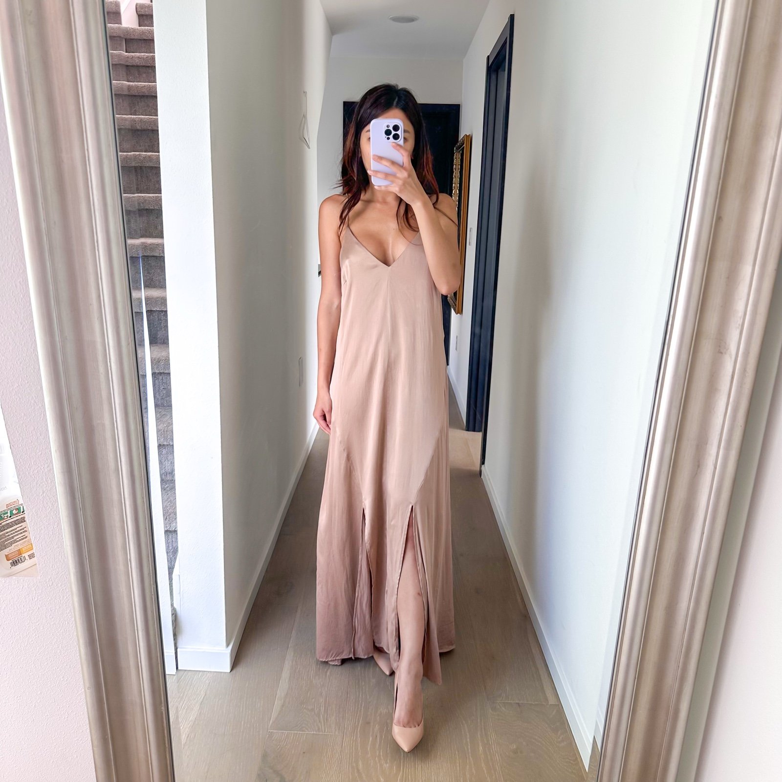 Lunya Washable Silk Maxi Slip Dress Crossback Side Slits Otium Mauve XS