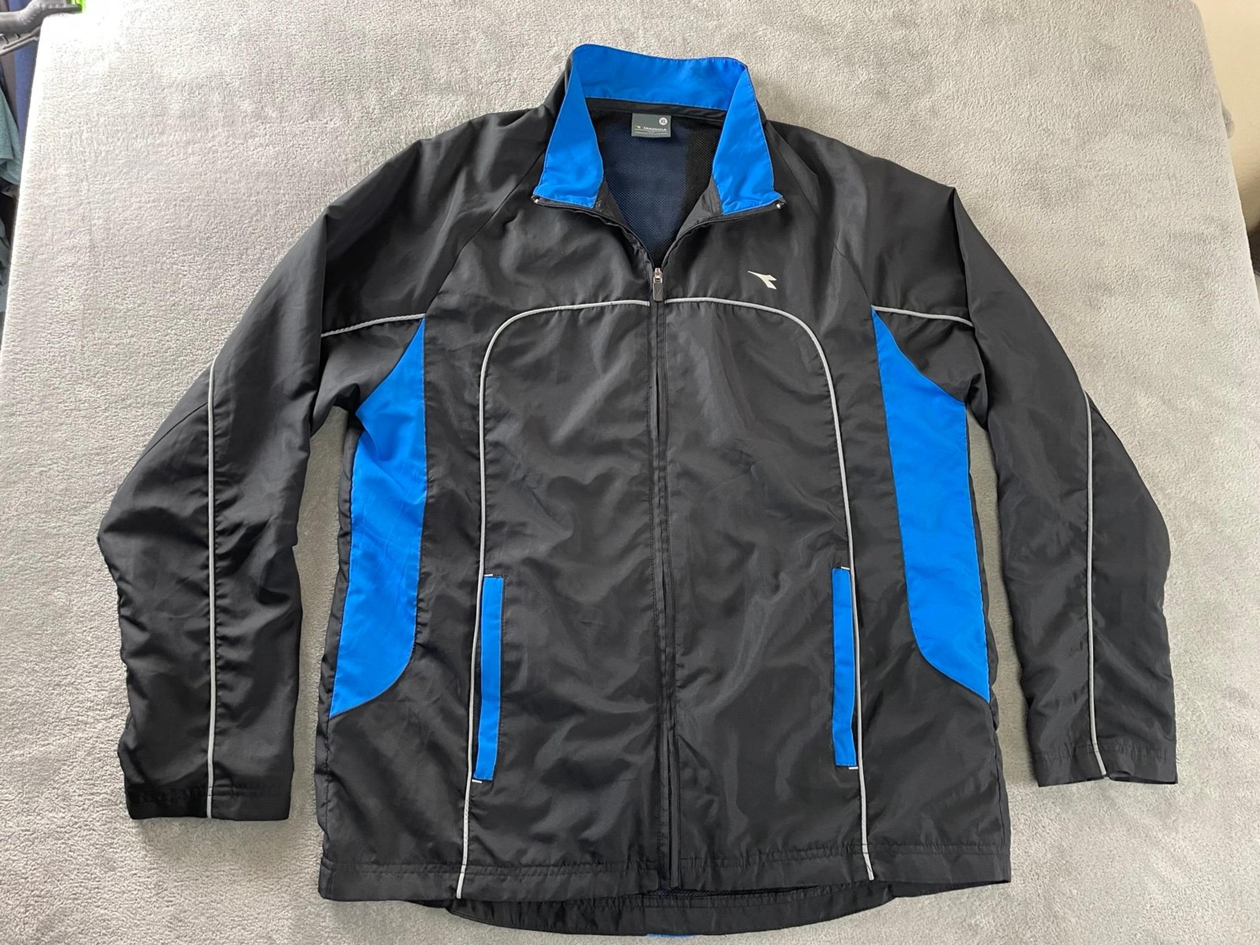 Diadora Zip Training Track Jacket Mens XL Black Blue Lightweight, Vented Back