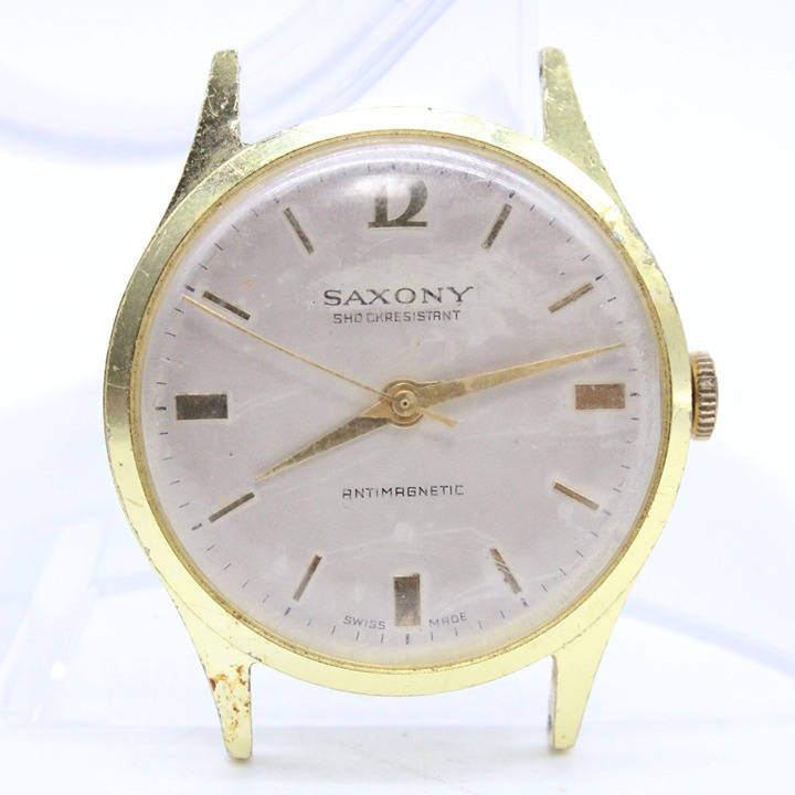 Vintage SAXONY Watch Mens Gold Tone Stainless Steel Classic Swiss Made 60's