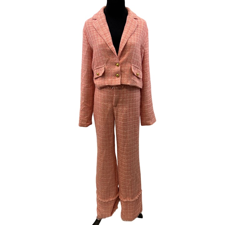 Strut & Bolt Women’s Two Piece Suit Jacket Pant Set Pink/Silver Tweed L Wide Leg