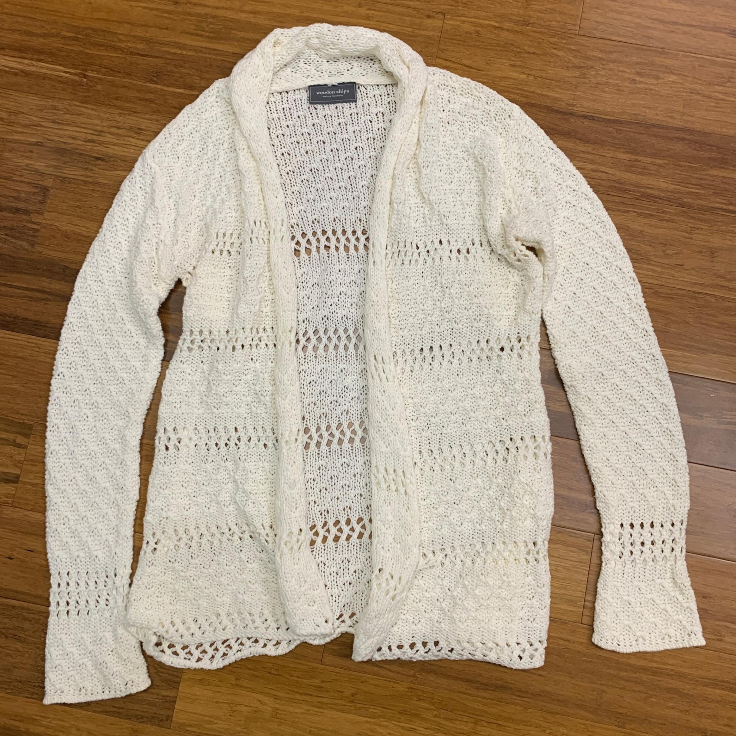 Wooden Ships Knit Cardigan Women Size Small White Open Front Lightweight Sweater