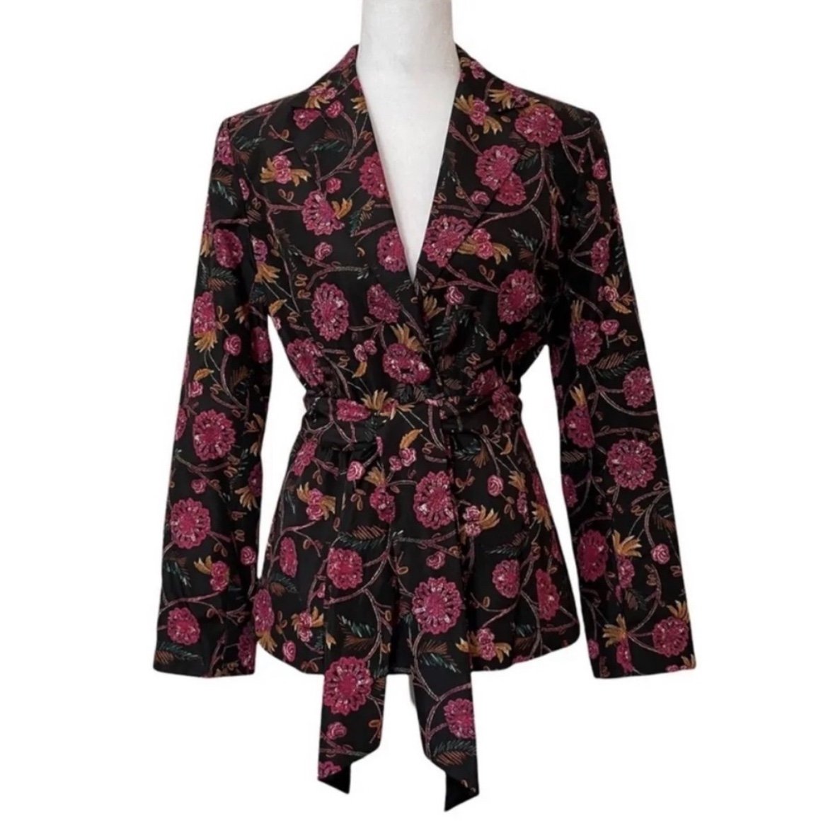 Diane Von Furstenberg Silk Assets Vintage Black Floral Tie Waist Blazer