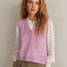Me + Em Merino Cashmere Silk Lace Stitch V Neck Vest in Pink Size Large