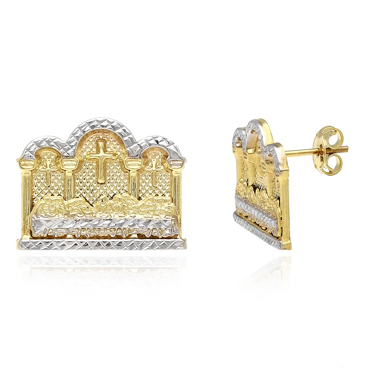 10K Gold Two-Tone Yellow White Diamond-Cut Last Supper Stud Earrings 16mm