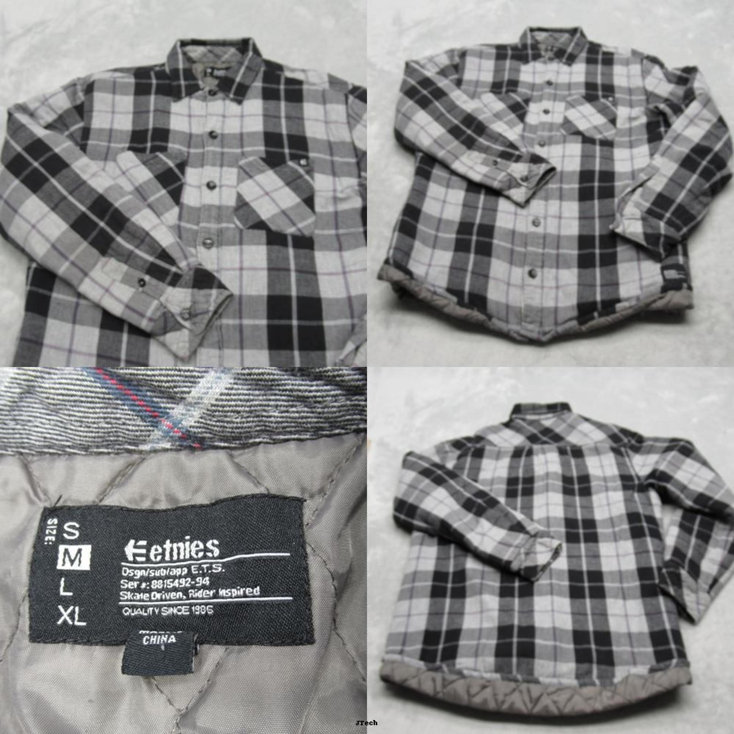 Etnies Shirt Jacket Mens Medium Gray Plaid Quilt Lined Flannel Skateboarding