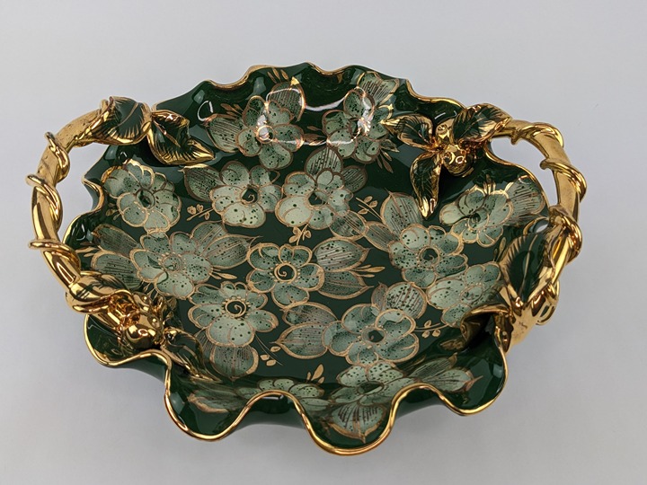 Vtg Hand Painted Green Floral Gold Accent Ruffle Rim Ceramic Trinket Dish Bowl
