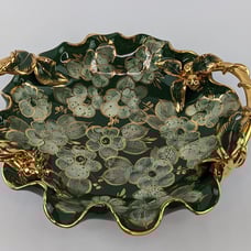 Vtg Hand Painted Green Floral Gold Accent Ruffle Rim Ceramic Trinket Dish Bowl