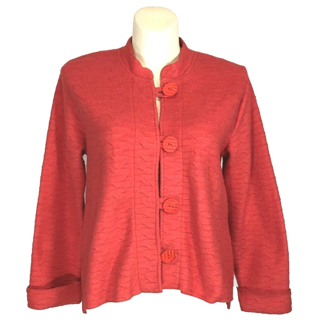 Habitat Soft Fleece Jacket LARGE Red Orange Big Button Long Sl Cuff Lagenlook