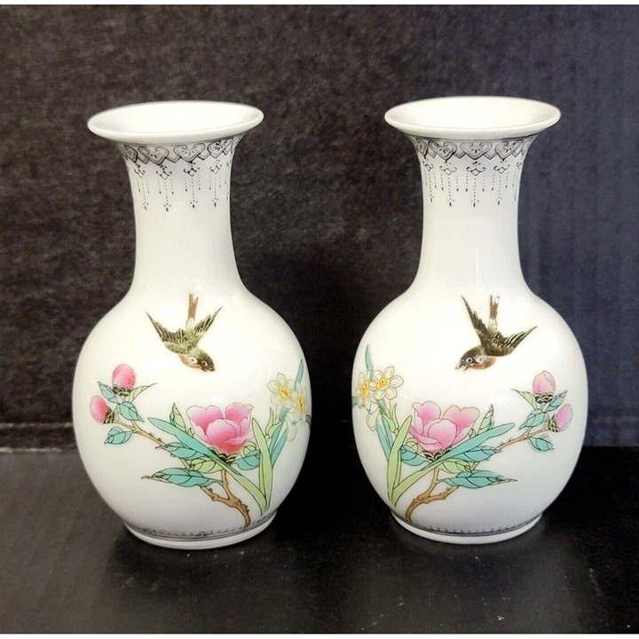 VTG 2 Chinese Porcelain Vases Birds and Flowers Hand Painted 5 Inch