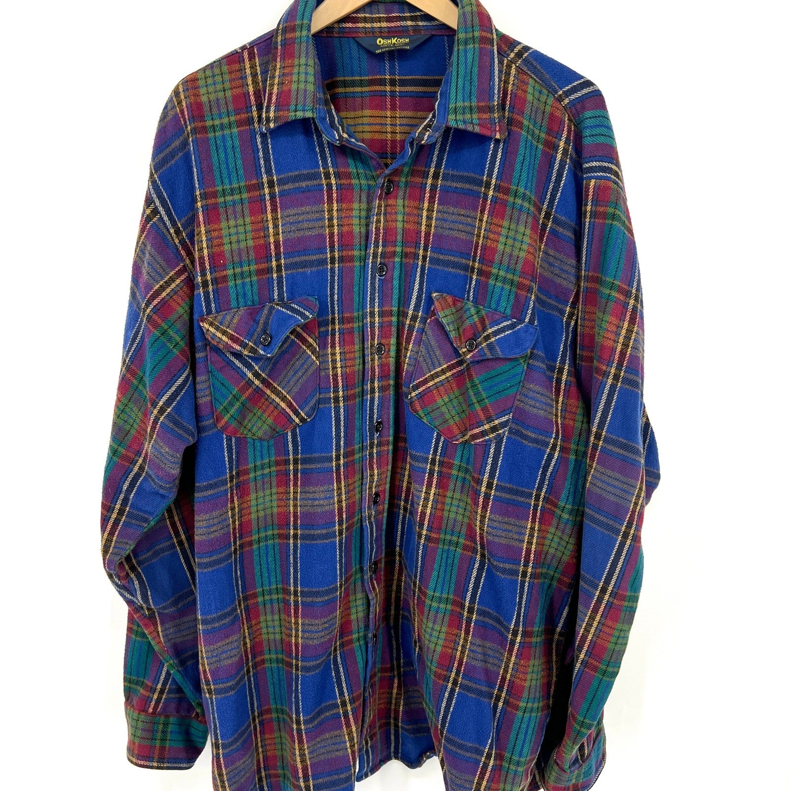 Vintage Oshkosh Flannel Plaid Double Pocket Button Up Heavy Duty Shirt XL