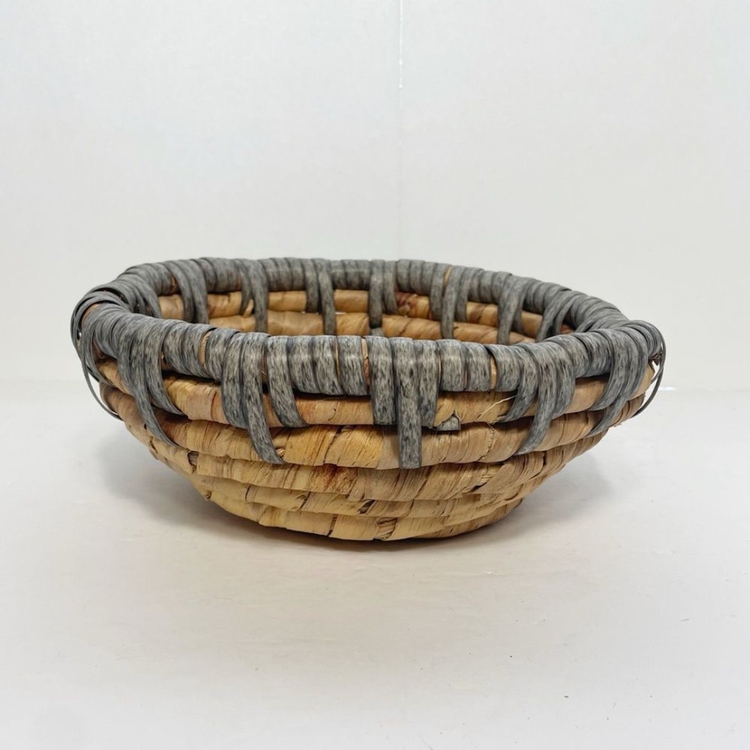 Small Hand Made Coiled Natural Fiber Basket Natural with Gray Top Coil