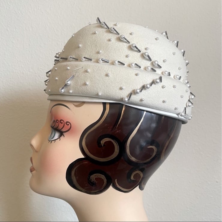 OLEG CASSINI Vtg Pill Box HAT Beautiful Wool Satin Pearls & Beads Union Made USA